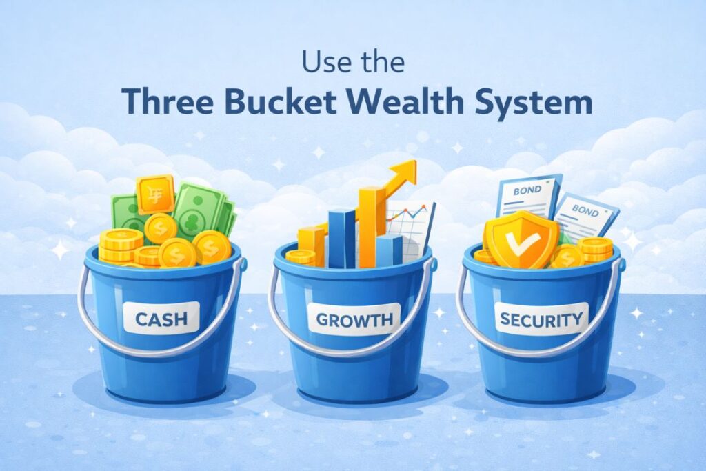 Three bucket wealth system illustration showing cash, growth, and security investment strategy