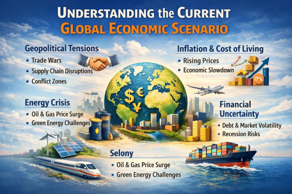 Understanding the Current Global Economic Scenario illustration showing world map, financial charts, inflation indicators, stock market graphs, and global trade elements representing economic trends and uncertainty.