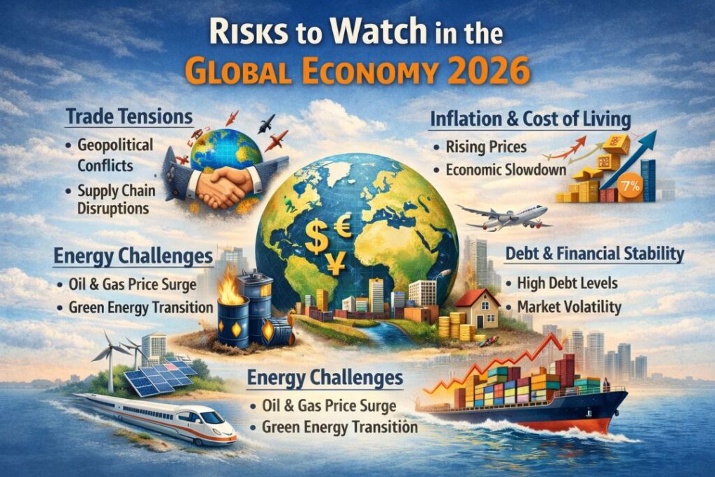 Risks to Watch in the Global Economy 2026 infographic showing trade tensions, inflation, energy price surge, high debt levels, and market volatility with global financial symbols and charts.