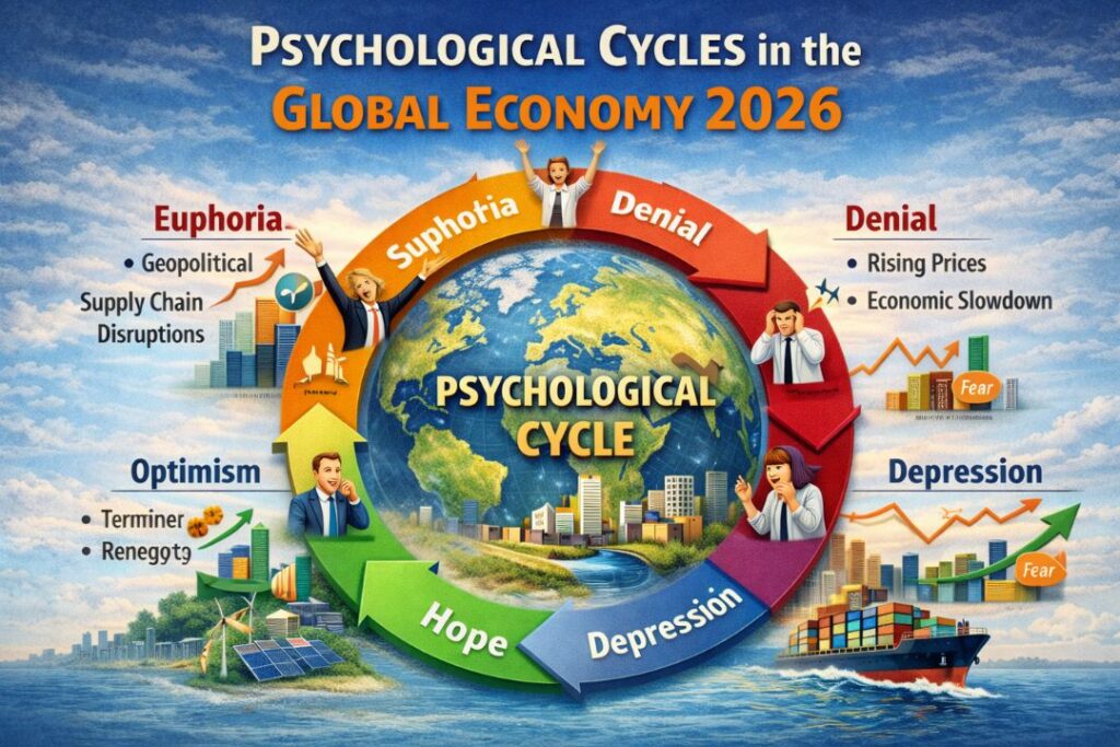Psychological Cycles in the Global Economy 2026 infographic showing investor emotions like euphoria, denial, fear, depression, hope, and optimism around a circular global economic cycle chart.