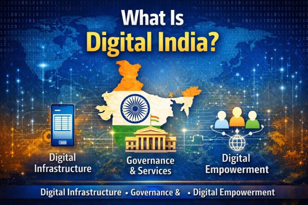 What is Digital India infographic showing India map with digital infrastructure, e-governance services, and digital empowerment concepts connected through technology network background