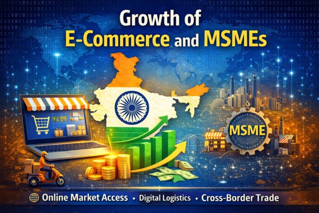 Growth of e-commerce and MSMEs infographic showing India map, online shopping platform, digital logistics delivery, rising business growth chart, and MSME sector expansion