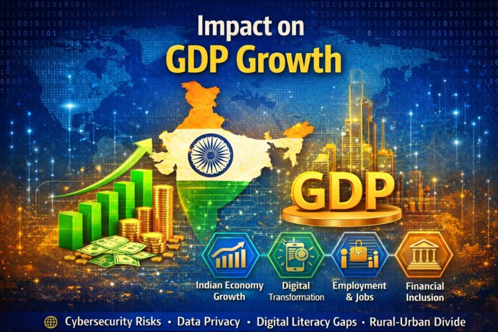 Impact on GDP Growth infographic showing India map, rising GDP chart, digital transformation icons, employment growth, financial inclusion, and economic expansion