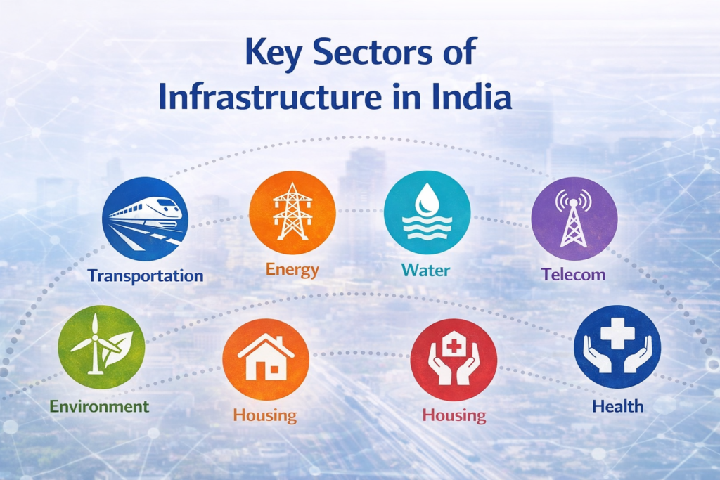 Key sectors of infrastructure in India transport energy telecom
