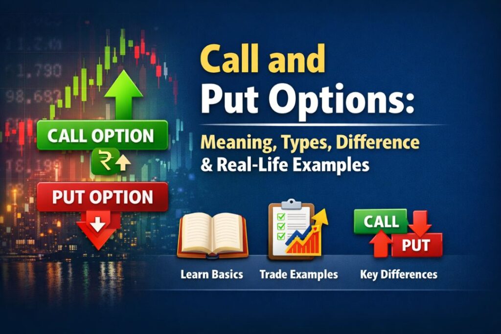 What Are Options infographic showing call and put options with buy and sell signals, market trends, and trading concepts