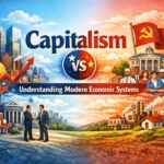 Capitalism vs Socialism illustration showing economic systems comparison with growth charts, businesses, and public welfare symbols.