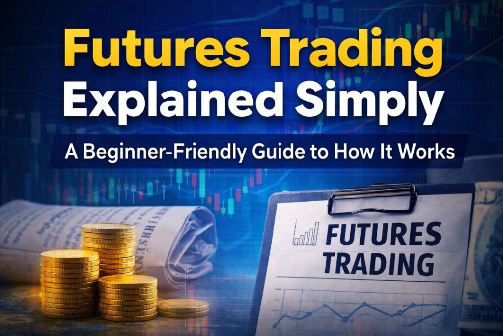 Futures trading explained simply with charts, coins, and beginner-friendly guide concept
