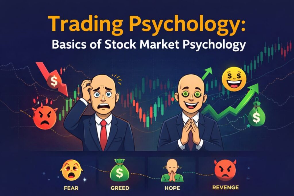 Trading Psychology Basics of Stock Market Psychology showing fear, greed, hope and revenge emotions with stock market chart