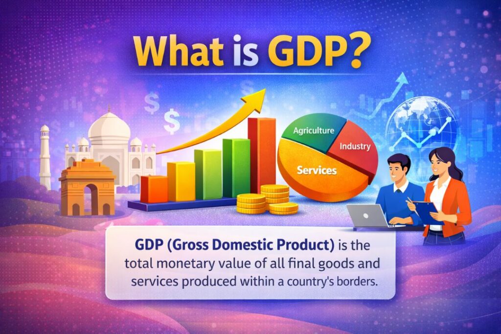 What is GDP infographic showing GDP growth bar chart, sector contribution pie chart (Agriculture, Industry, Services), Indian monuments, and economic analysis illustration.