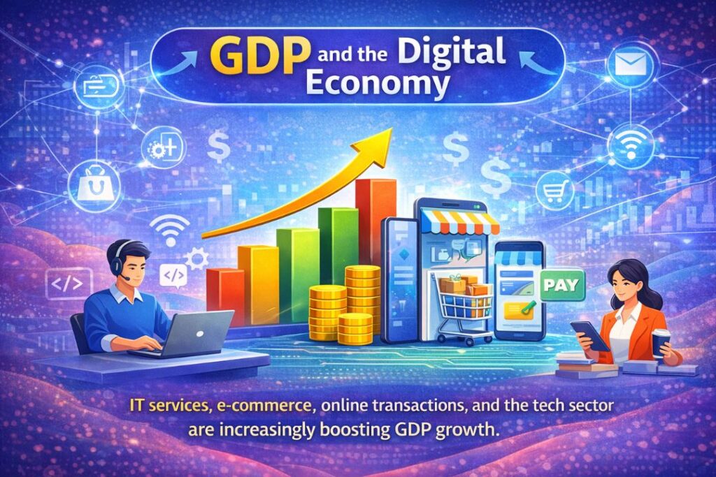 GDP and the Digital Economy infographic showing IT services, e-commerce apps, online payments, digital transactions, and GDP growth chart illustration.