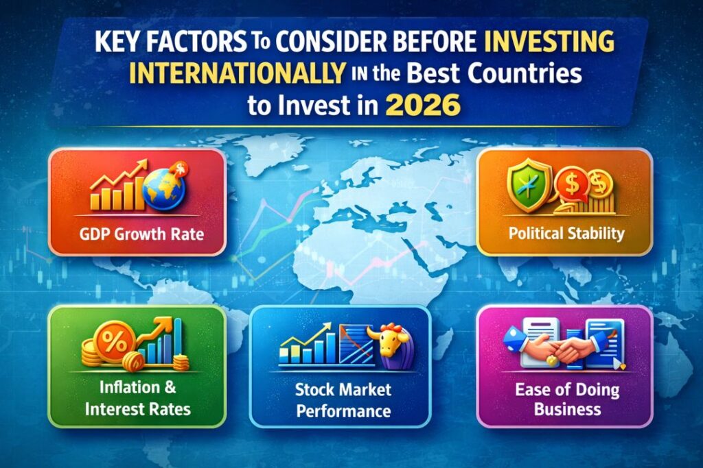 Key Factors to Consider Before Investing Internationally in the Best Countries to Invest in 2026 infographic showing GDP growth, currency stability, risk analysis, and global diversification strategy