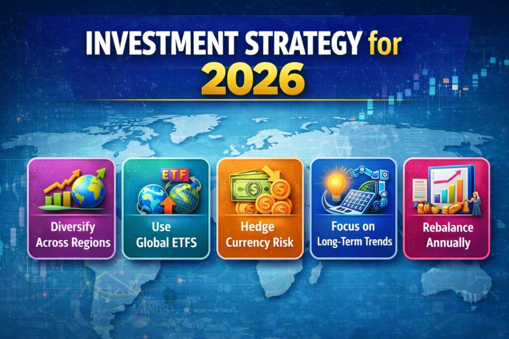 Investment Strategy for 2026 infographic showing diversification, global ETFs, currency risk hedging, long-term trends, and annual portfolio rebalancing