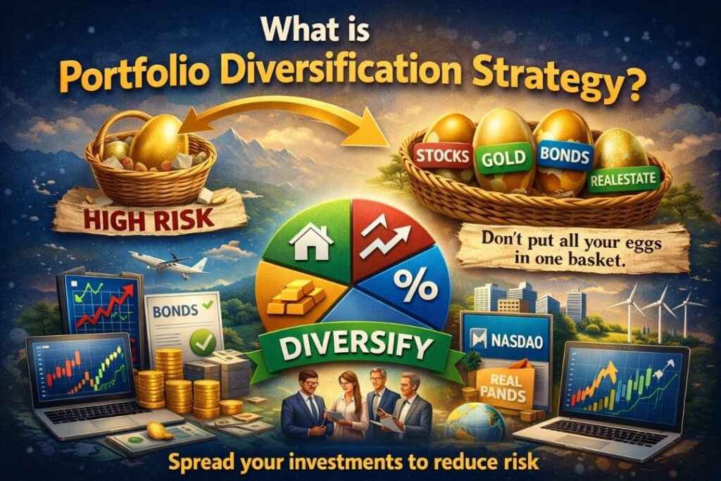 What is Portfolio Diversification Strategy concept image showing asset allocation pie chart with stocks, bonds, gold, and global investment symbols representing risk management and balanced investing.