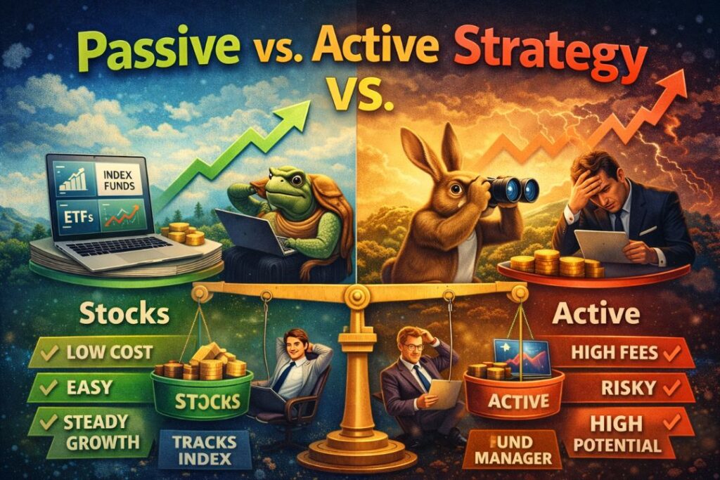 Passive vs Active Strategy comparison image showing index funds and ETFs for passive investing versus fund manager-led active investing with higher risk and fees.