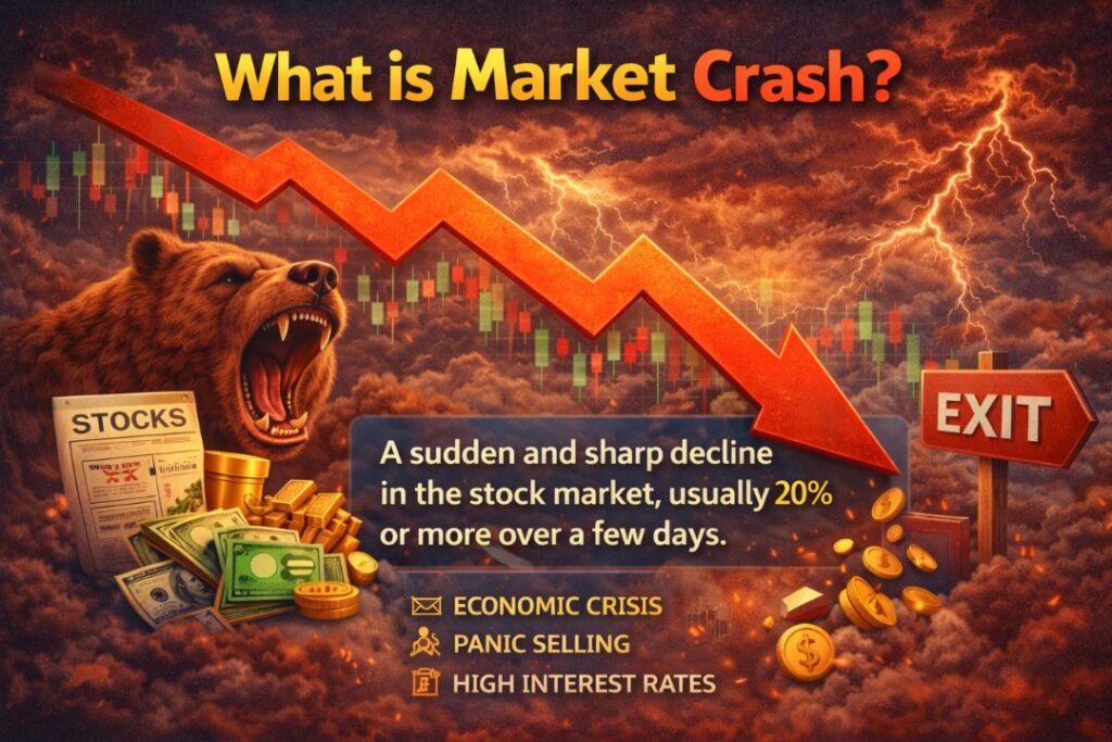 What is Market Crash image showing sharp stock market decline with red downward arrow, bear market symbol, and falling charts representing financial panic and economic crisis.