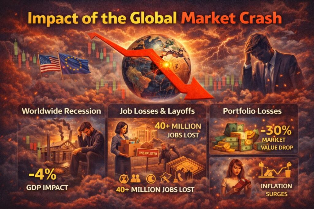 Impact of the Global Market Crash image showing falling global stock markets, red downward arrows, world map background, and investors reacting to financial losses.