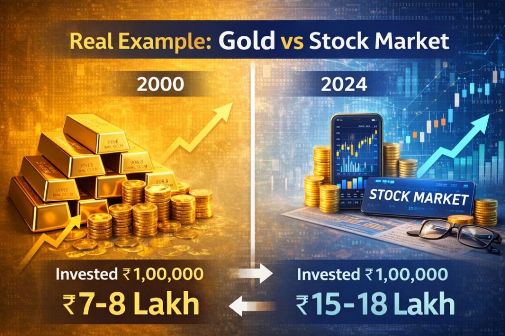 real example comparison of gold vs stock market returns long term investment growth chart