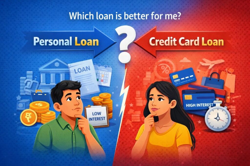 Personal Loan vs Credit Card Loan comparison concept showing loan options, interest rates and borrowing decision