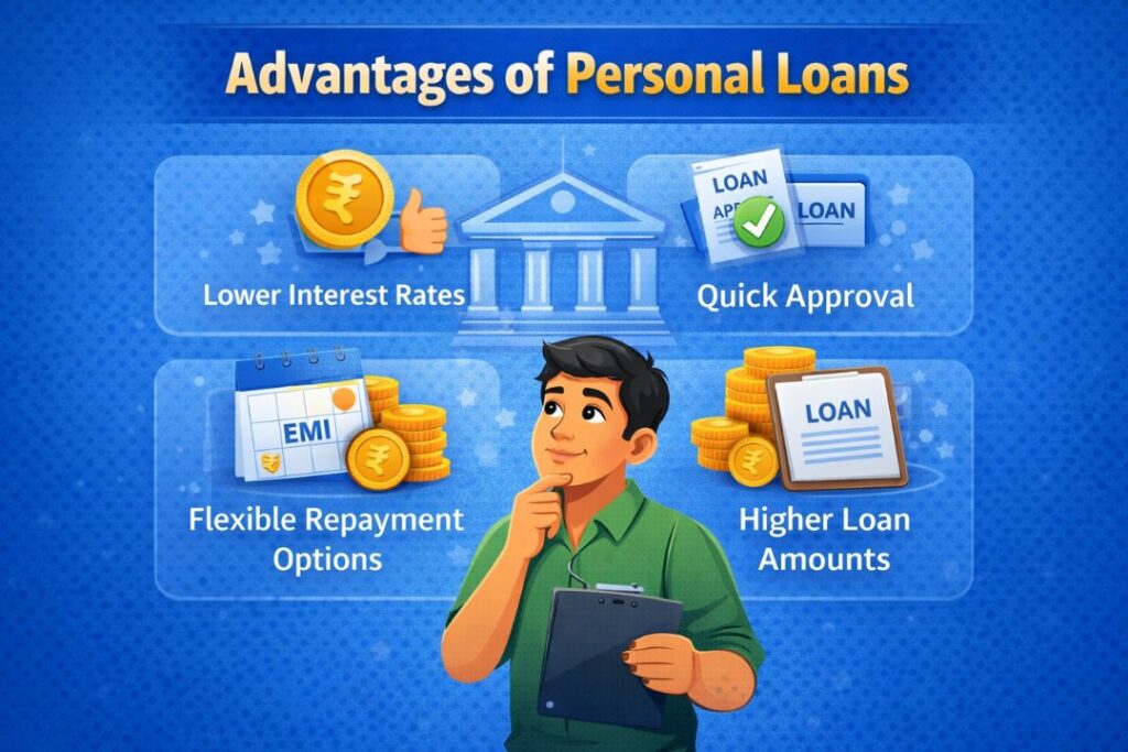 Advantages of Personal Loans including lower interest rates, flexible repayment options and higher loan amounts