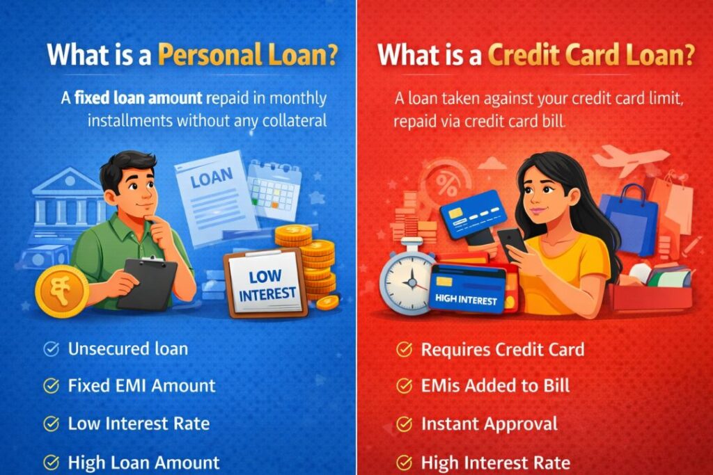 What is a Personal Loan explanation with interest rate and EMI concept. What is a Credit Card Loan explanation with credit card interest and EMI payment concept