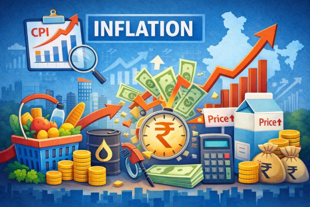 Inflation in India concept showing rising prices, CPI chart, groceries, fuel and rupee symbol