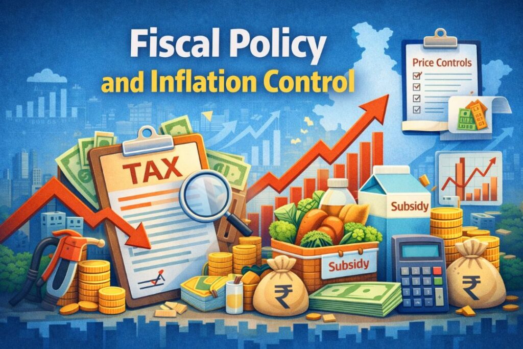 Fiscal policy and inflation control concept showing taxation, subsidies, government spending and rising price chart