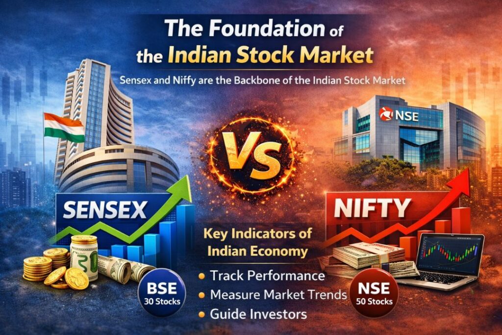 The foundation of the Indian stock market showing Bombay Stock Exchange and National Stock Exchange of India as the base of India’s financial markets.