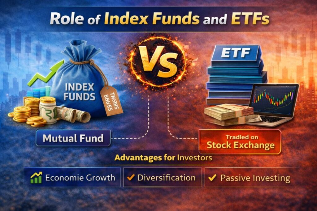 Role of Index Funds and ETFs in the stock market showing passive investing, diversification, and trading on the stock exchange.