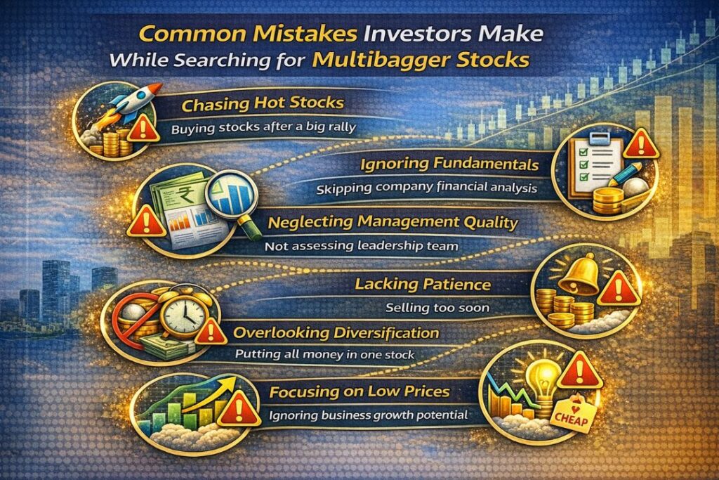 Common mistakes investors make while searching for multibagger stocks such as chasing hot stocks ignoring fundamentals and lack of patience