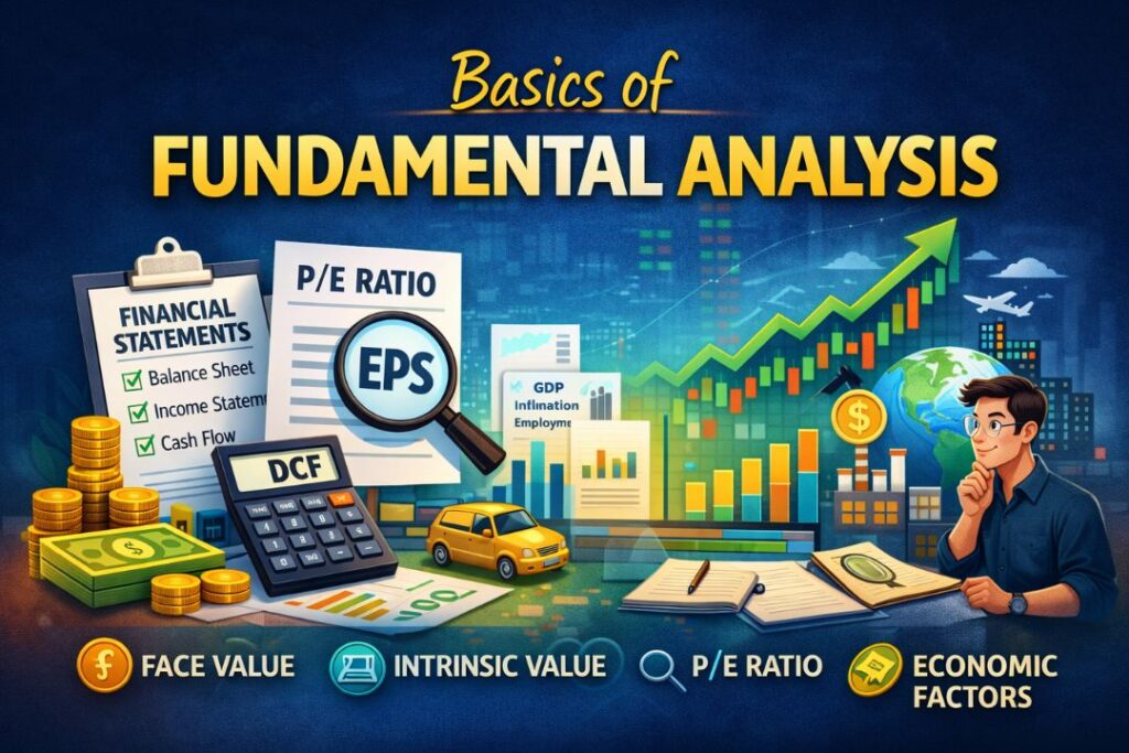 Basics of Fundamental Analysis showing financial statements, EPS, P/E ratio, intrinsic value, and economic factors used to evaluate stocks.