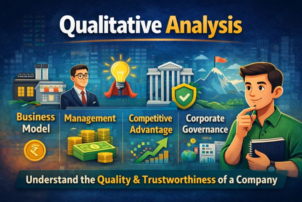 Qualitative analysis in fundamental analysis showing business model, management quality, competitive advantage, and corporate governance factors.
