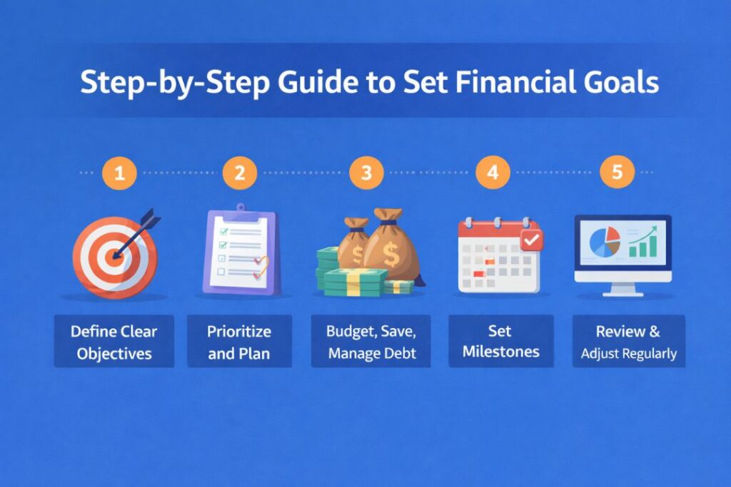 Step-by-Step Guide to Set Financial Goals with Planning, Saving, and Investment Strategy Illustration