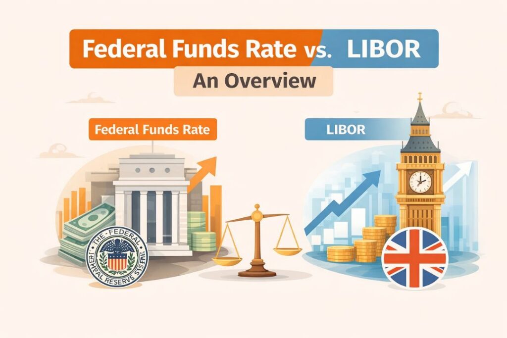 Federal Funds Rate vs LIBOR overview comparison illustration of two global interest rate benchmarks.