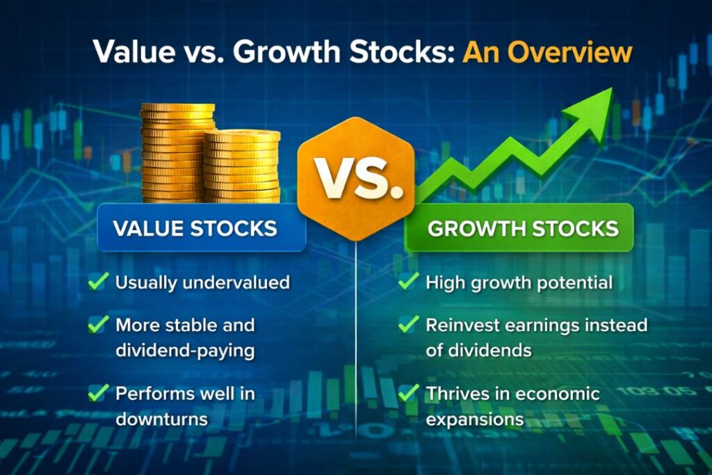 Value vs Growth Stocks overview showing key differences between value investing and growth investing strategies
