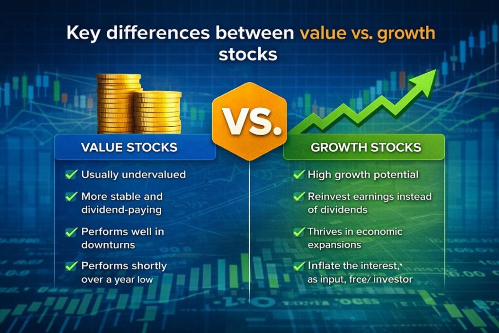 Key differences between value vs growth stocks explaining value investing and growth investing strategies
