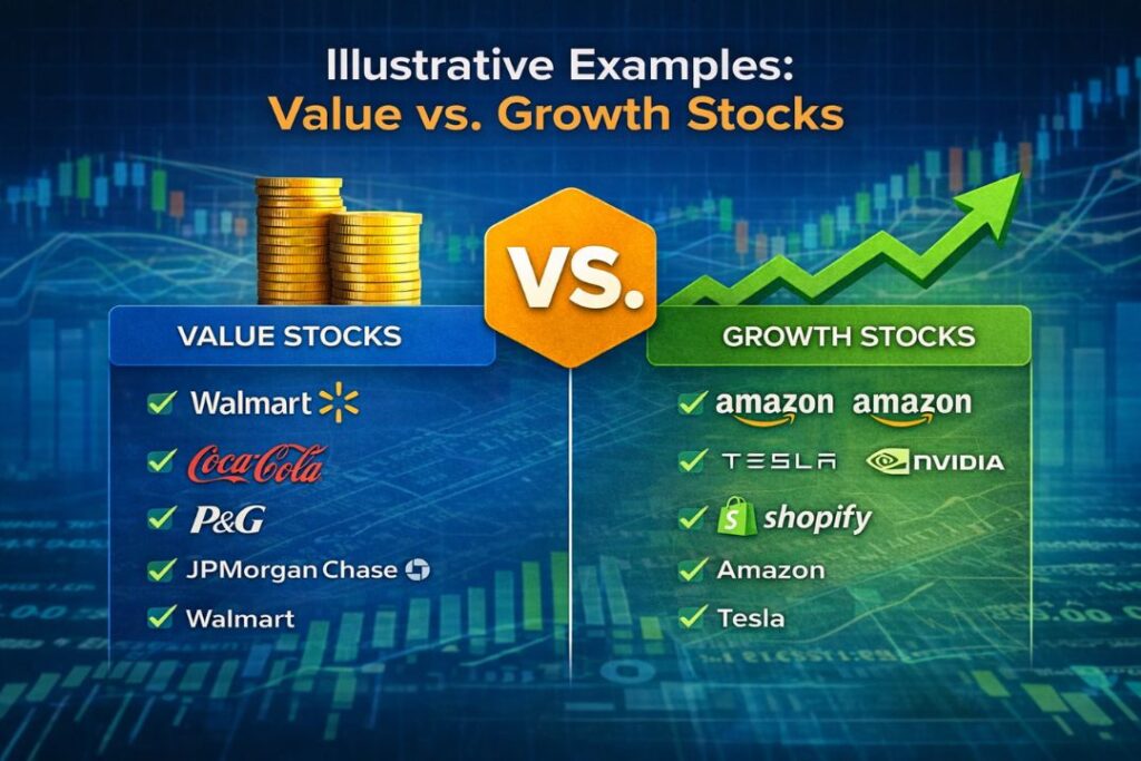 Illustrative examples of value stocks and growth stocks showing companies like Walmart, Coca-Cola, Amazon, Tesla, and Nvidia