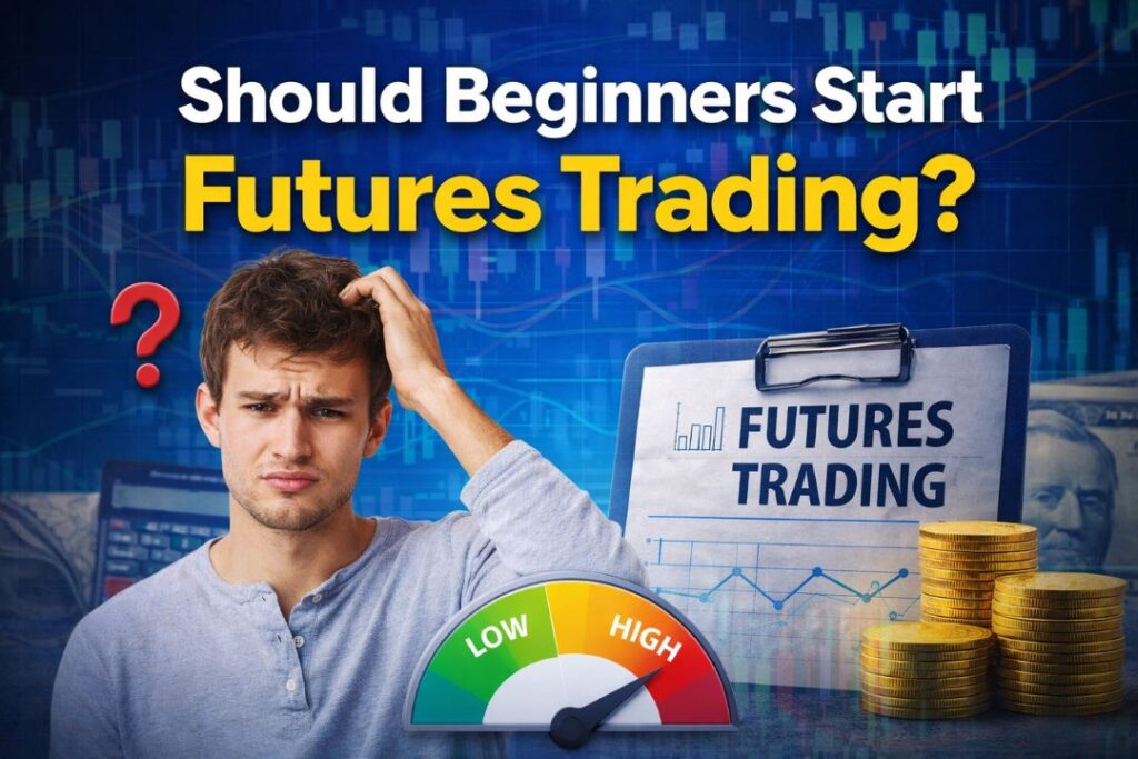 Should beginners start futures trading concept with risk meter, charts, and market analysis visuals
