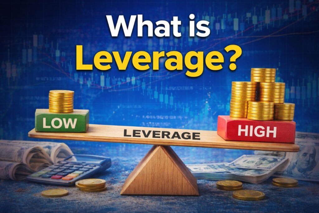 What is leverage concept showing low vs high leverage with coins and financial charts