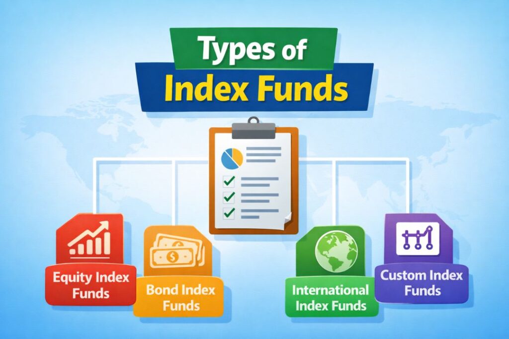 Types of index funds including equity, bond, international and custom index funds explained