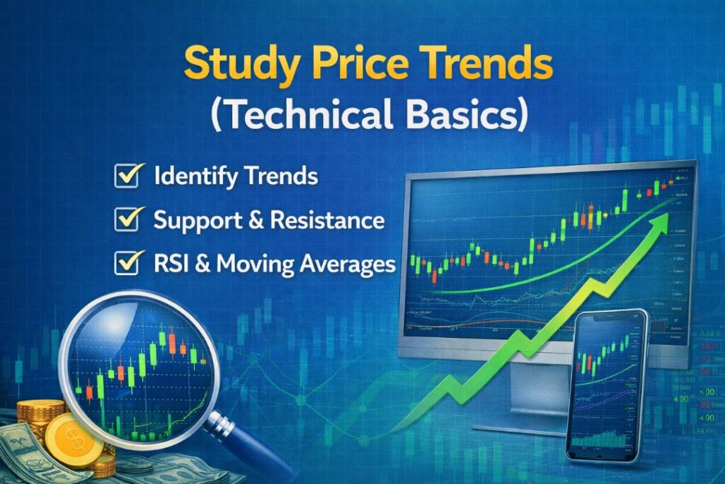 Study price trends technical basics with stock charts, indicators, and upward market trend analysis