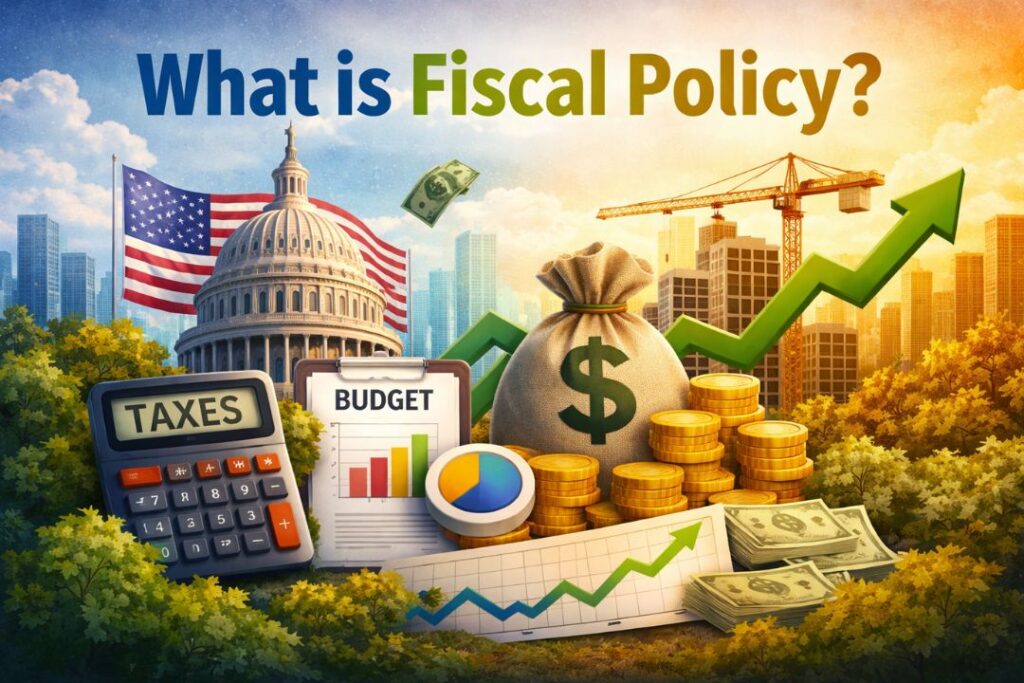What is fiscal policy illustration with taxes, budget, and economic growth symbols