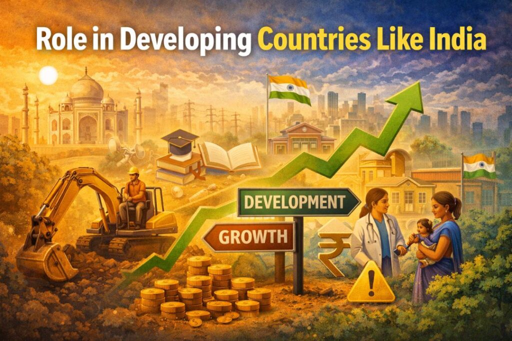 Fiscal policy role in developing countries like India with growth, infrastructure, and economy illustration