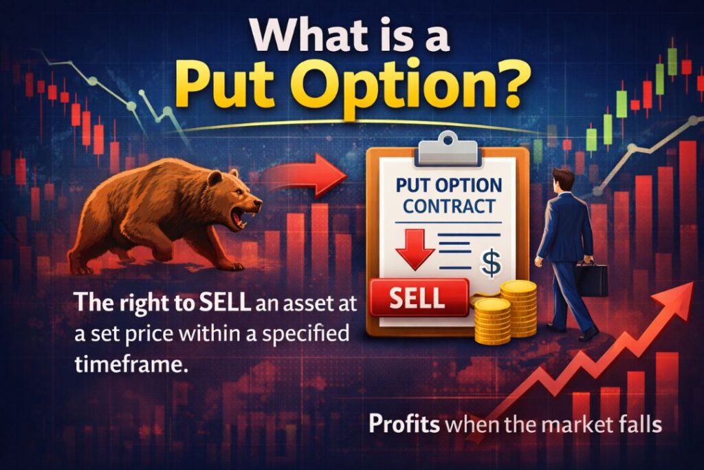What is a Put Option infographic showing bear market concept, falling stock chart, sell contract, and profit when market declines