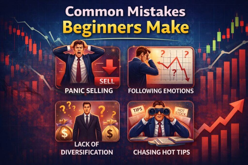 Common mistakes beginners make in stock market including panic selling, emotional trading, lack of diversification, and chasing hot tips