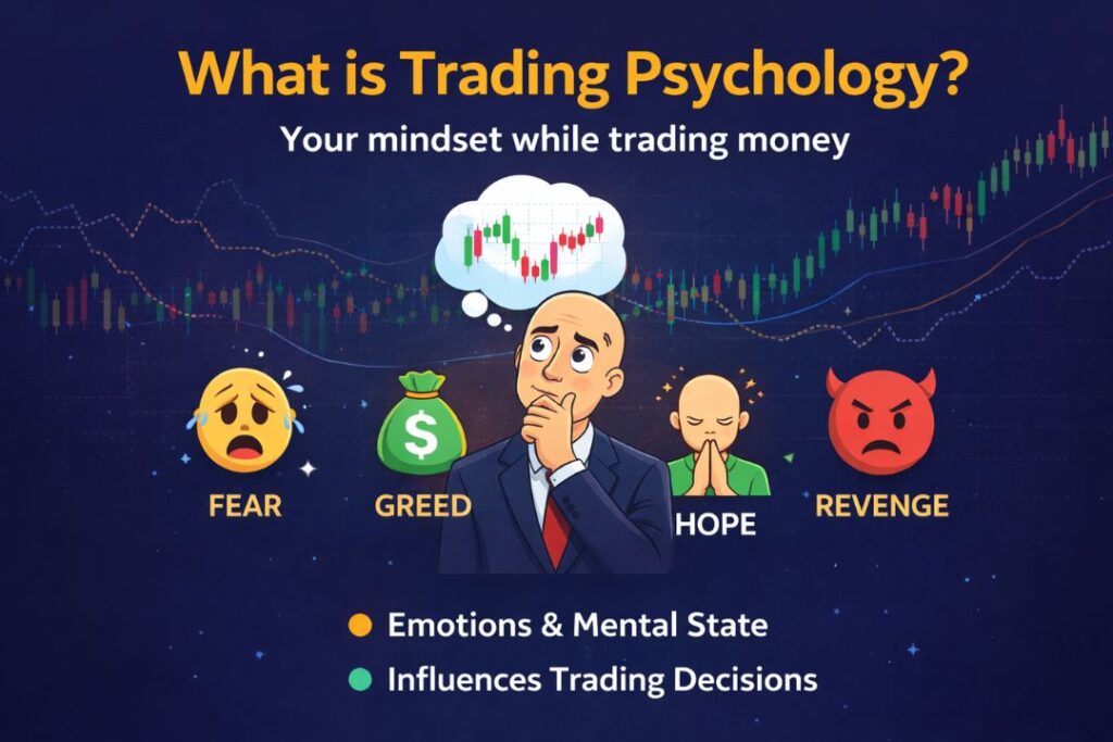 What is Trading Psychology infographic showing fear, greed, hope and revenge emotions with stock market chart and trader mindset illustration