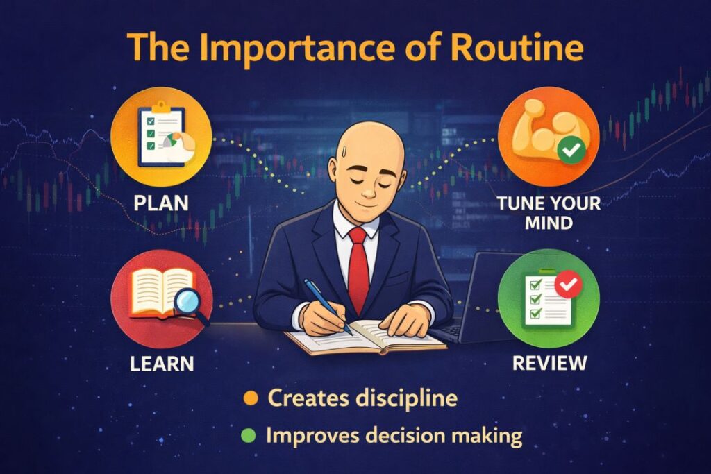 The Importance of Routine infographic showing trading routine steps like planning, learning, mindset and review with stock market background