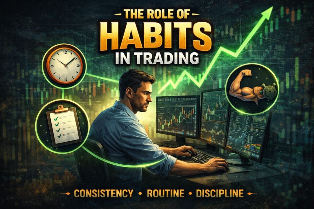 The Role of Habits in Trading image showing a focused trader analyzing stock charts on multiple screens, with symbols of time management, checklist planning, and physical strength, representing consistency, routine, and discipline in successful trading.