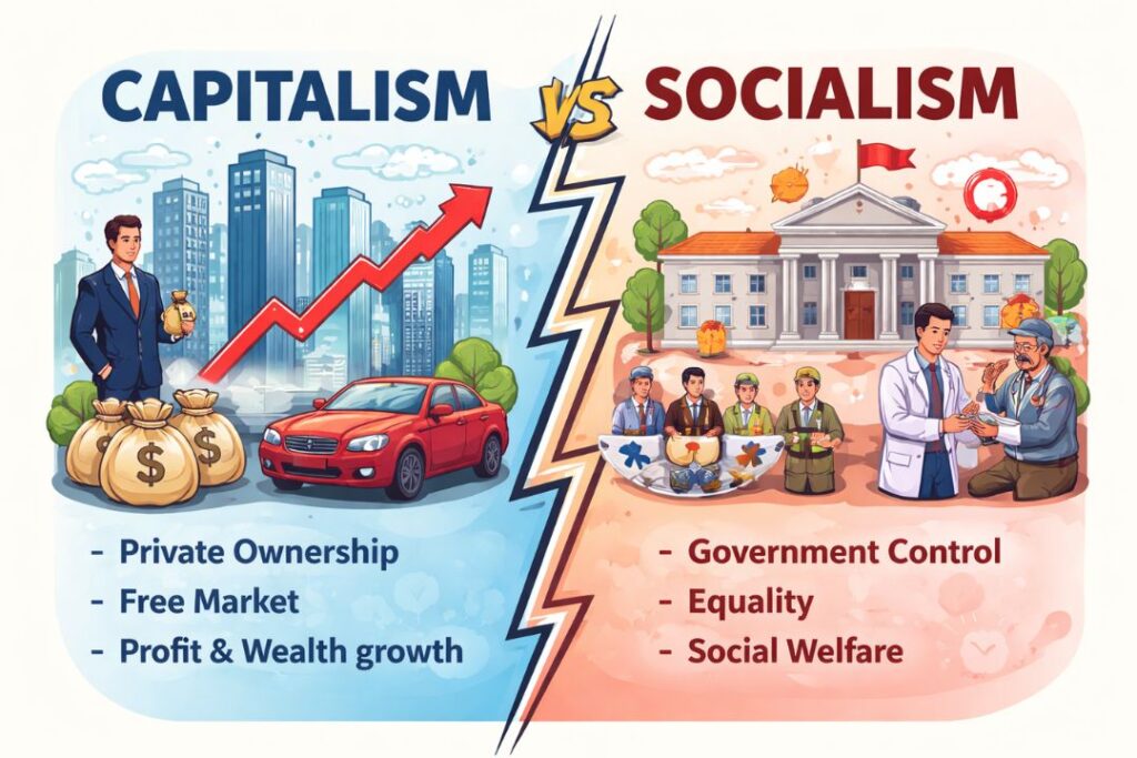 Capitalism vs Socialism comparison illustration
