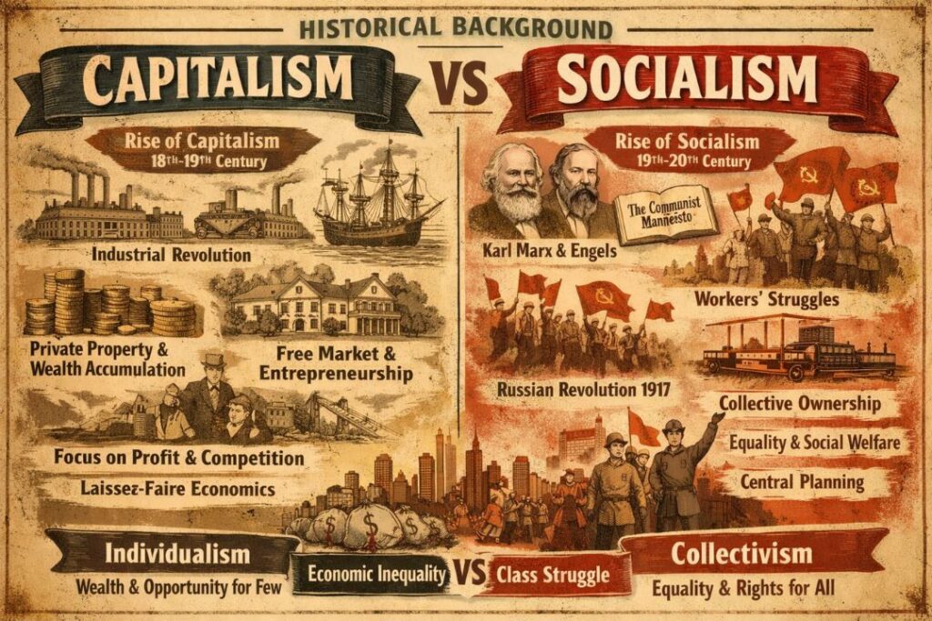 Illustration comparing capitalism and socialism showing historical background, industrial revolution, private ownership, free market economy versus collective ownership, workers’ movements, equality, and central planning concepts.