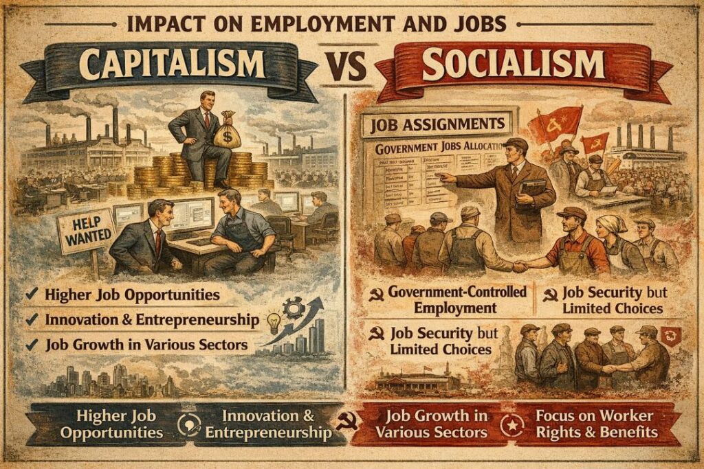 Capitalism vs Socialism infographic showing differences in job opportunities, innovation, government control, and worker benefits in economic systems